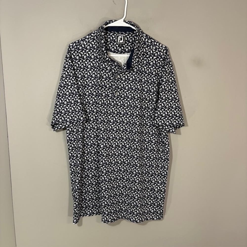 FootJoy Polo Shirt Mens XL Athletic Fit Blue Tropical Print Golf Stretch Top